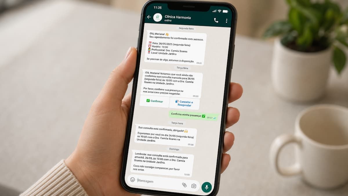 Confirmação de agendamento via WhatsApp não derruba no-show sozinha — régua sim, e tem 4 elementos